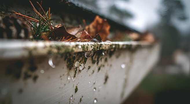 Close up of dirty gutter with water drops and autumn leaves.