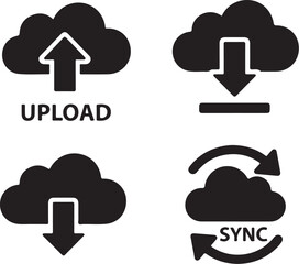 Obraz premium Cloud storage icons, upload, download, sync symbols, black cloud signs, data transfer marks