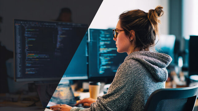 Developer focused on coding in office environment, surrounded by multiple monitors displaying code. atmosphere is concentrated and professional, with casual dress code