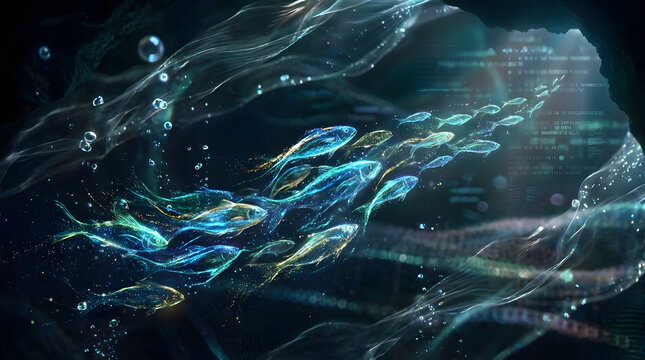 Luminous abstract fish navigate a deep-sea realm, blending natural aquatic beauty with shimmering digital patterns and data streams, creating an ethereal underwater journey