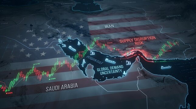 Geopolitical map showing oil supply disruption risk in persian gulf region.