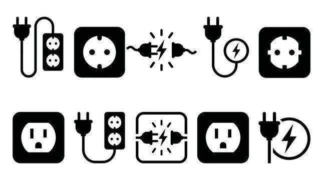 Electrical plugs and sockets icon set power connections safety and energy distribution