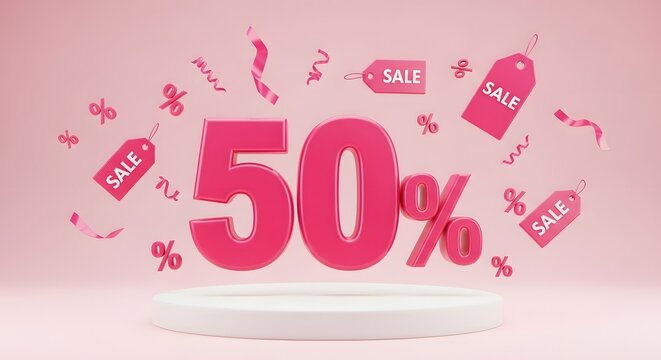 Vibrant 50 sale promotion with floating discount tags on pink background