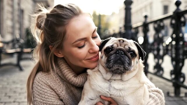 A woman affectionately kisses her pug on a city sidewalk in a heartwarming video moment.