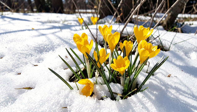 Bright yellow tulips bloom amidst a snow-covered field.
