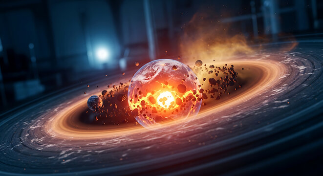 Abstract exploding planet or sphere with glowing core and orbiting rings, pixelated debris exploding outwards, dark background, conceptual science and technology theme