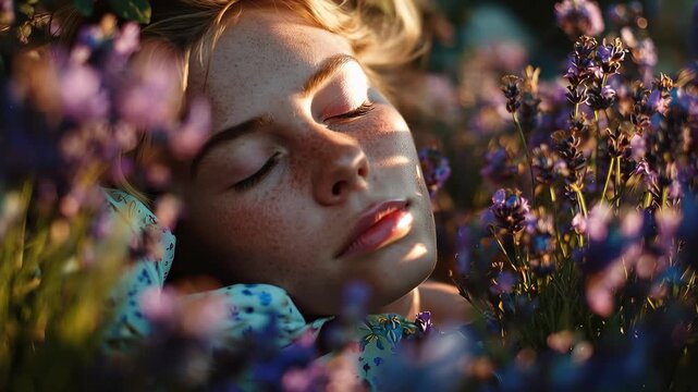 Young woman lies among blooming flowers in a garden during golden hour sunlight with closed eyes
