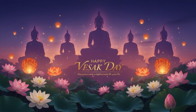 Happy Vesak Day greeting card with Buddha silhouettes, glowing lotus flowers on water, spiritual purple sunset background with lanterns
