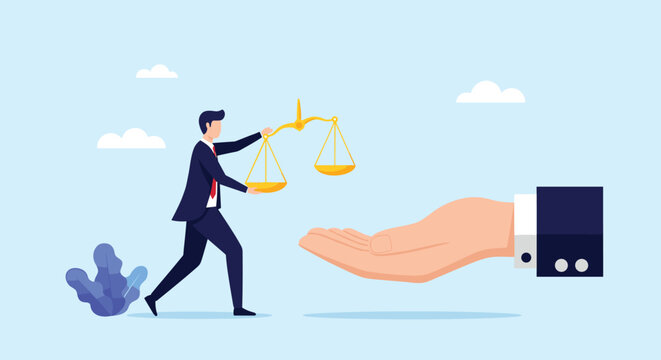 Businessman carrying golden scales of justice toward a large open hand representing legal mediation balance and support in a professional setting.