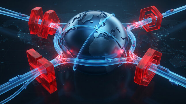 Global tariff risk analysis, blue globe with red connection line and digital trade barrier concept