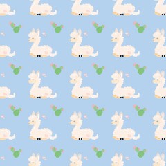 Repeating pattern of cute cartoon llamas with beige accents, green cacti with pink flowers, and scattered hearts on a light blue background, playful cheerful design perfect for textiles, wallpapers © Lipitorika
