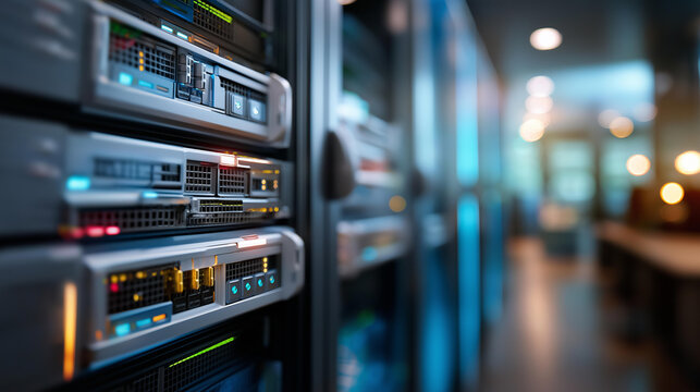 Server rack row visible through an open data center door revealing enterprise IT infrastructure and network equipment