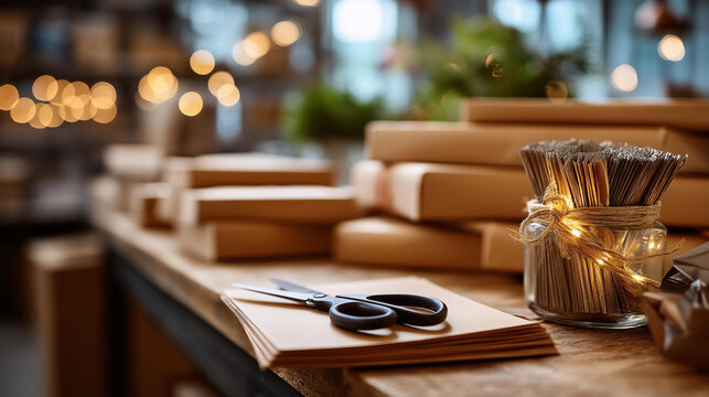Packing station surface with kraft paper scissors and empty cardboard boxes neatly arranged for e-commerce shipping and packaging