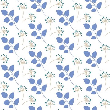 Repeating floral pattern of blue leafy branches and beige stems with teal buds on a white background, balanced decorative design perfect for textiles, wallpapers, and graphic prints