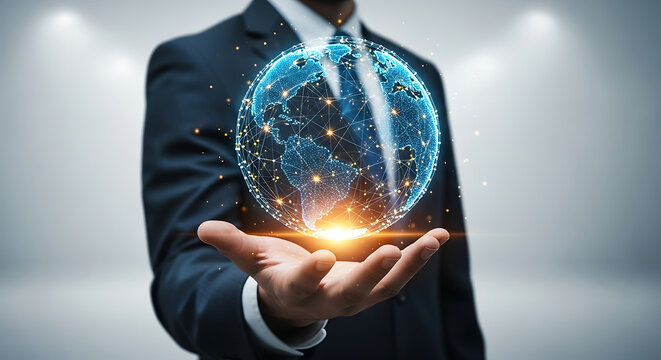 Businessman holding glowing digital sphere representing global network and technology, data connections, internet connectivity, future innovation, and digital transformation concepts.