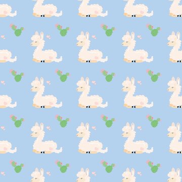 Repeating pattern of cute cartoon llamas with beige accents, green cacti with pink flowers, and scattered hearts on a light blue background, playful cheerful design perfect for textiles, wallpapers