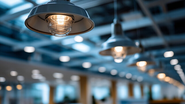 Repeating overhead lamps and geometric ceiling grid in a modern facility interior conveying architectural symmetry and organizational order