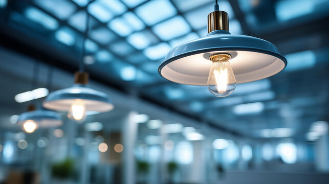 Overhead lamps forming a repeating geometric ceiling grid in a modern facility conveying architectural pattern and organizational order