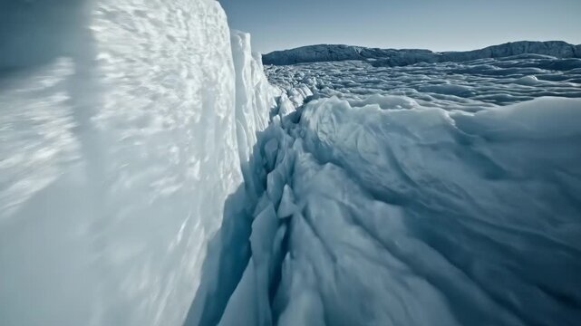 Stunning aerial view of a massive glacier with deep crevasses.
