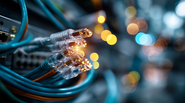 Macro close up of cables and connectors in a network illustrating data infrastructure and technology wiring ethernet
