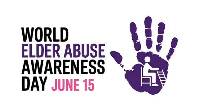 A purple handprint with a person in a chair and text about World Elder Abuse Awareness Day