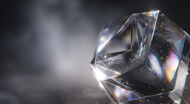 Abstract geometric crystal with light reflections and smoke on dark background.