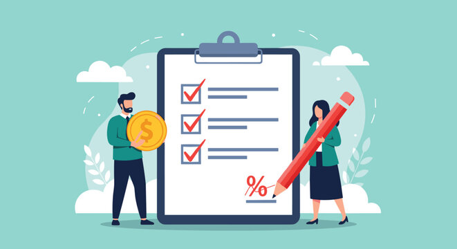 Man and woman working with a giant clipboard to check list items while holding a large golden coin representing budget and financial planning.