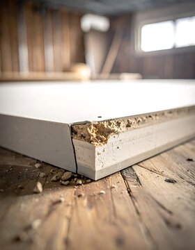 Close-up of damaged drywall corner on wooden floor