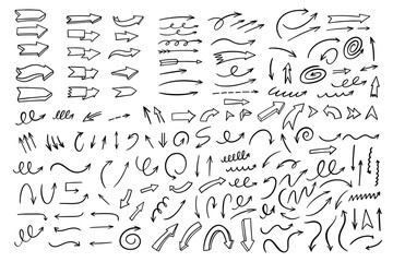 Fototapeta premium Large collection of hand drawn arrows in different styles directions and shapes