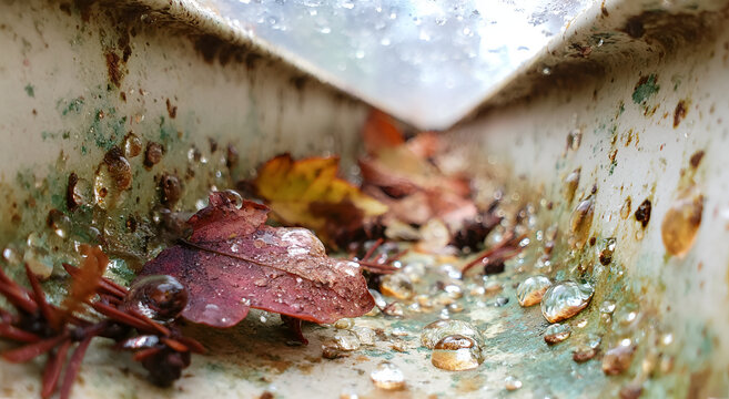Close-up of dirty gutter with leaves and debris after rain.