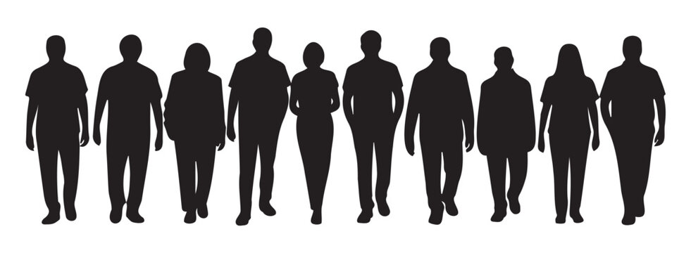 A large row of diverse people's silhouettes walking forward representing urban movement and daily commuting life