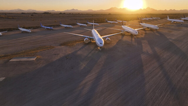 Tucson, United States - 30 November 2025: Aerial view of dormant giants bathed in the golden light of sunset, casting long shadows across the vast desert expanse.