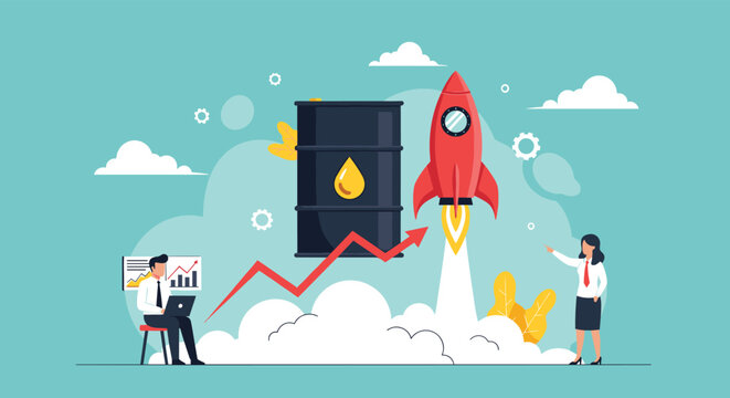 Black oil barrel with rocket ship launching next to rising financial charts represents high fuel and energy prices.