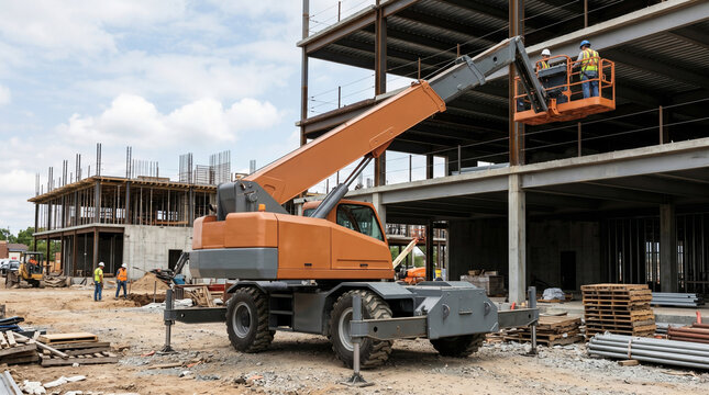 Powerful telescopic boom lift with extended platform at a construction site, heavy-duty industrial aerial work platform for outdoor maintenance and engineering