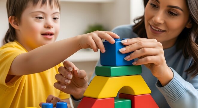 Woman therapist helping child with Down syndrome playing with colorful building blocks. Inclusion and education development concept. Supportive session for kid learning through creative game.