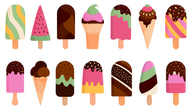 Flat Ice Cream Cartoon Dessert Collection. Colorful vector ice cream. Summer sweet dessert, waffle cones, popsicles set. 