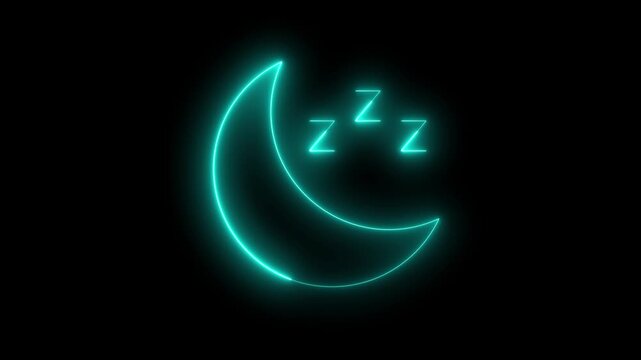 Cyan neon moon and zzz sleeping symbols glowing and pulsing on a black background, sleep therapy, insomnia treatment, night rest, or bedtime relaxation