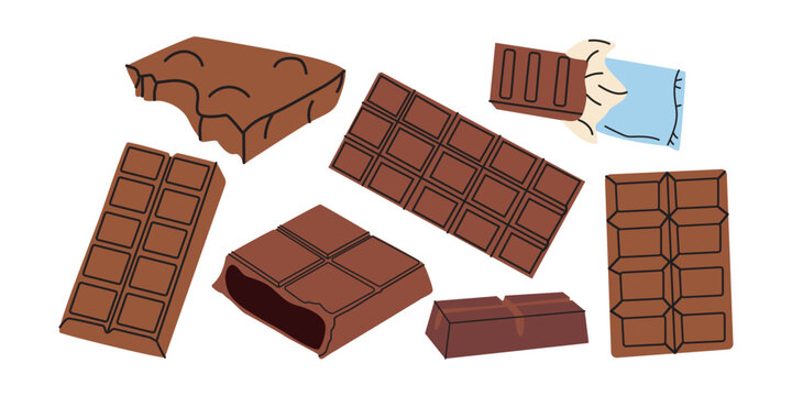 Vector set of various chocolate bars and pieces. Dark and milk chocolate, broken pieces and unwrapped bars. Hand drawn flat illustration of cocoa sweets