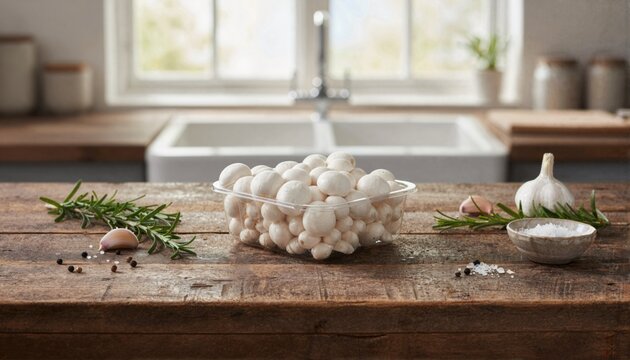 Fresh white shimeji mushrooms in clear punnet on rustic wood