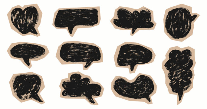 Grunge Collage Speech Bubbles Scrapbook Set. Doodle brush stroke sticker collage chat boxes. Chalk texture communication balloons stickers vector set. Paper cut sketch collage for retro journals