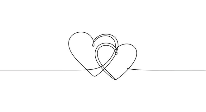 Minimalist continuous line drawing of two interlocking hearts symbolizes love, partnership, connection, and deep emotional bonds between people.