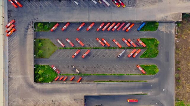 Drone view the sleeper buses are parked neatly inside Mien Dong Bus Station in District 9 - Ho Chi Minh city, south Vietnam