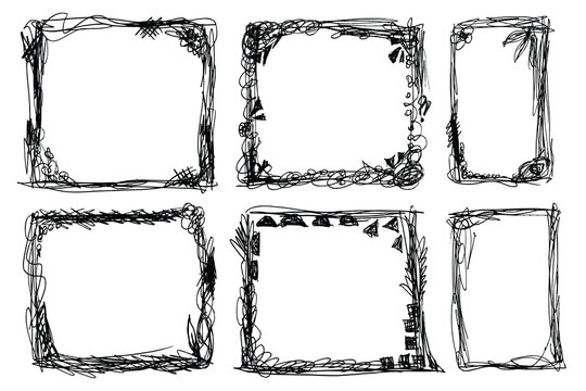 Doodle Scribble Frames and Border Boxes. Chaotic lines frames. Hand drawn abstract sketch lines crayon frame boxes. Rectangle and Square Vector Shapes