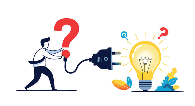 Clever businessman plugging a large red question mark into a glowing lightbulb illustrates finding solutions and creative innovative thinking.
