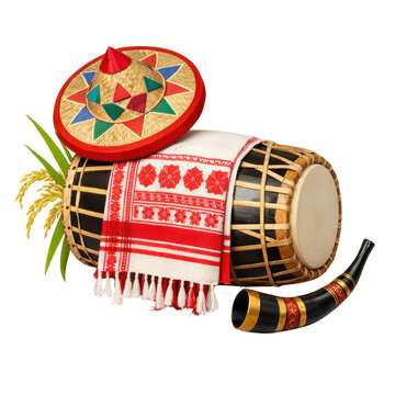 Traditional Assamese Bihu festival elements, ethnic dhol drum with jaapi hat and gamosa textile, cultural folk music instruments and harvest symbols isolated PNG with Transparent Background
