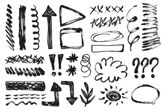 Grunge Scribble Elements Set. Hand drawn grungy doodle elements collection. Sketch brush stroke underline shapes. Marker, chalk decorative highlight vector elements