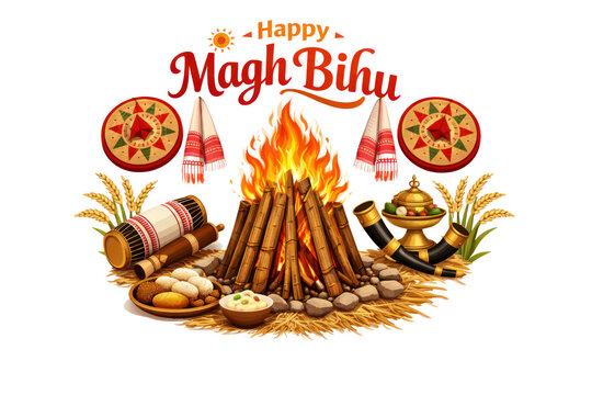Magh Bihu festival illustration with bonfire and traditional Assamese elements, Bhogali Bihu celebration greeting with Japi and Gamosa isolated PNG with Transparent Background