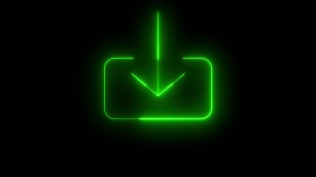 Green neon download symbol animation with an arrow moving into a box on a black background, digital storage, data transfer, or software update.