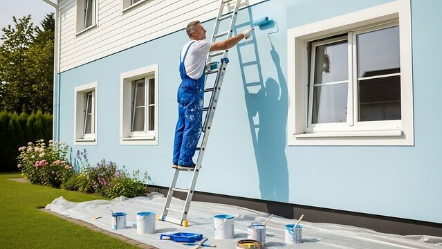 Man painting exterior house wall blue.