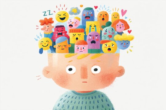Whimsical Illustration of a Child's Brain with Emotional Icons and Sticker-like Elements, Capturing the Colorful Complexity of Human Emotion.